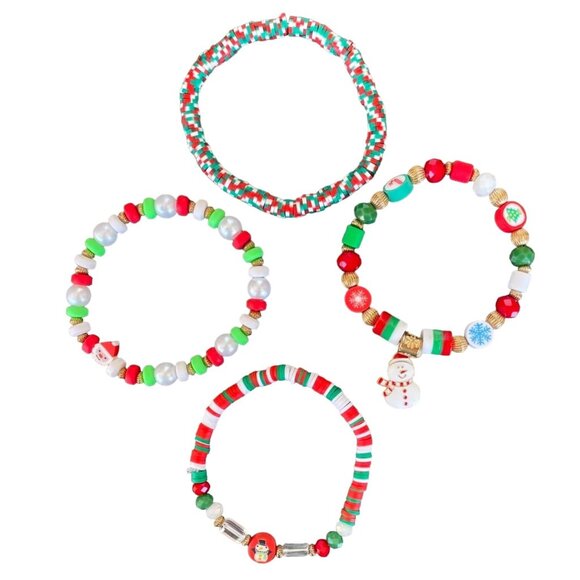 Christmas Themed Beaded Stretch Bracelets Set Of 4 With Charms in Red Green - Picture 2 of 9